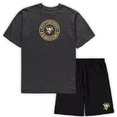Мужская футболка Concepts Sport черная/темно-серая с рисунком Pittsburgh Penguins Big &amp; Tall, комплект для сна и шорты