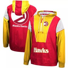 Мужская красная/желтая куртка Mitchell &amp; Ness Atlanta Hawks из твердой древесины, классическая ветровка с полумолнией и капюшоном