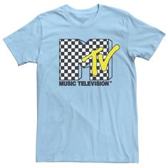 Мужская черно-белая футболка с логотипом в клетках MTV Licensed Character, светло-синий