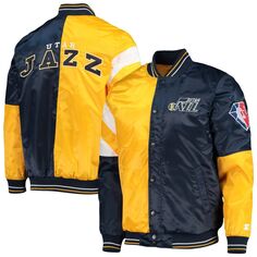 Мужская атласная куртка на кнопках с цветными блоками золотого/темно-синего цвета Utah Jazz 75th Anniversary Leader Starter