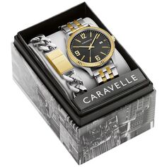 Мужские двухцветные часы из нержавеющей стали с черным циферблатом и двухцветный браслет с звеньями в коробке Caravelle by Bulova