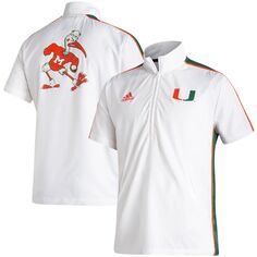 Мужская белая куртка Miami Hurricanes Football Strategy с короткими рукавами и молнией до половины adidas