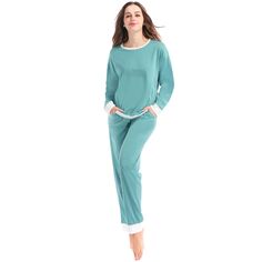 Женская одежда для сна, мягкая одежда для дома с круглым вырезом и брюками, пижамный комплект cheibear, зеленый