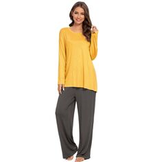 Женский пижамный комплект, мягкая модальная рубашка контрастного цвета с длинными рукавами и брюки, одежда для сна, 2 шт. cheibear, желтый
