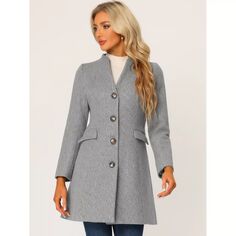 Женское элегантное зимнее однобортное длинное пальто с V-образным вырезом и длинными рукавами ALLEGRA K, черный