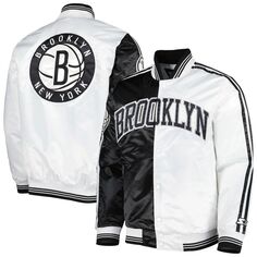 Мужская черно-белая быстроразрывная атласная куртка Brooklyn Nets с кнопками на кнопках Brooklyn Nets Starter