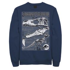 Мужской флисовый пуловер с изображением двух костей тираннозавра «Мир Юрского периода» и схематичным графическим орнаментом. Jurassic World, синий