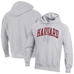 Мужской серый пуловер с капюшоном Harvard Crimson Team Arch обратного переплетения Champion