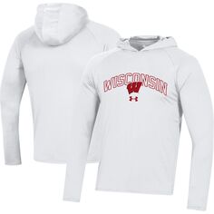 Мужская футболка White Wisconsin Badgers 2023 Sideline Tech с капюшоном и длинным рукавом реглан Under Armour
