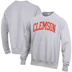Мужской серый пуловер с принтом Clemson Tigers Arch обратного переплетения Champion