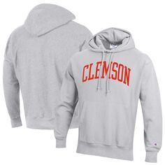 Мужской серый пуловер с капюшоном Clemson Tigers Team Arch обратного плетения с принтом меланжевого цвета Champion