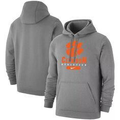 Мужской серый флисовый пуловер с капюшоном Clemson Tigers Big &amp; Tall Club Stack Nike