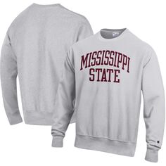 Мужской серый пуловер с принтом Mississippi State Bulldogs Arch обратного переплетения Champion