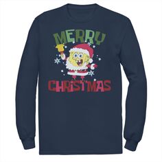Мужская футболка Губка Боб Квадратные Штаны с рисунком Санта-Клауса с длинными рукавами и рождественским рисунком Nickelodeon, синий