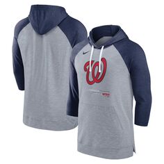 Мужской пуловер с капюшоном и капюшоном с рукавами 3/4, бейсбольный реглан Хизер Серый/Хезер темно-синий Вашингтон Нэшнлс Nike