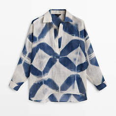 Рубашка Massimo Dutti 100% Ramie Polo Collar Print, синий/белый