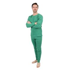 Мужская хлопковая пижама из двух частей, классическая однотонная Leveret, зеленый