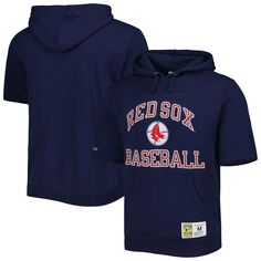Мужской темно-синий флисовый пуловер Mitchell &amp; Ness Boston Red Sox Cooperstown Collection с капюшоном и короткими рукавами