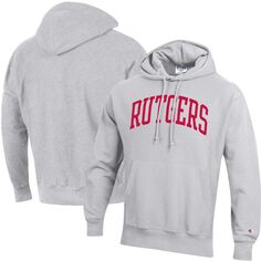 Мужской серый пуловер с капюшоном Rutgers Scarlet Knights Team Arch обратного плетения с принтом меланжевого цвета Champion