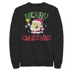 Мужские квадратные штаны Губка Боб, наряд Санты, флисовый пуловер с цветами Рождества Nickelodeon, черный
