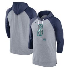 Мужской пуловер с капюшоном с капюшоном цвета серого Хизер/темно-синего цвета Seattle Mariners Бейсбол реглан с рукавами 3/4 Nike