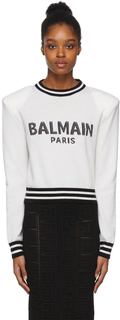 Белый короткий свитер с круглым вырезом и логотипом Balmain