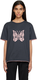 Серо-розовая двусторонняя футболка с принтом NEEDLES