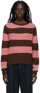 Розовый и коричневый свитер с круглым вырезом в полоску из овечьей шерсти Jets YMC