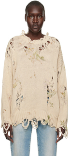 Бежевый рваный свитер с цветочным принтом R13