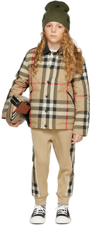 Детская стеганая куртка в клетку бежевого цвета Burberry
