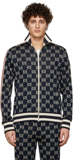 Темно-синяя куртка из хлопкового жаккарда с узором GG Gucci