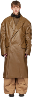 Коричневое двубортное пальто из искусственной кожи Hed Mayner