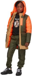 Пуховое стеганое пальто Kids Orange &amp; Khaki с монограммой Burberry