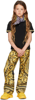 Детские черно-золотые шелковые брюки Barocco Lounge Versace