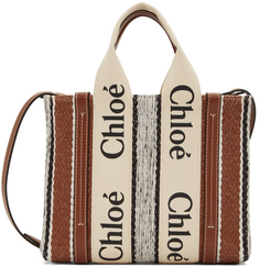 Маленькая объемная сумка-тоут Off-White &amp; Brown из льняной ткани в полоску Woody Chloé Chloe