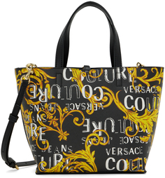 Двусторонняя объемная сумка с короткими ручками черного и золотого цветов с принтом Versace Jeans Couture