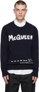 Темно-синий свитер с круглым вырезом в стиле граффити Alexander McQueen
