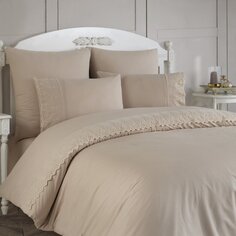 Постельное белье евростандарт, простыня 240х260 см, 2 наволочки 70х70 см, 2 наволочки 50х70 см, пододеяльник 200х220 см, Karteks, перкаль, гипюр, Ladies PG-207