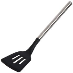 Лопатка кухонная универсальная, силикон, стальная ручка, с прорезями, навеска, черная, Daniks, Stark, YW-KT258-4