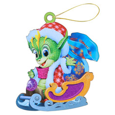 Игрушки елочные одиночные подвеска Символ года Дракон в санях 11см дерево