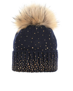 Темно-синяя шапка с меховым помпоном и золотыми стразами Catya детское