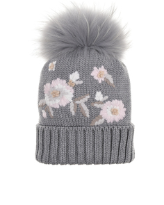 Серая шапка с помпоном и цветочной вышивкой Catya детская