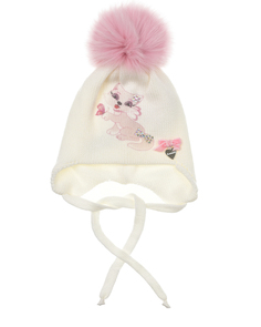 Белая шапка с розовым меховым помпоном и принтом &quot;котенок&quot; Il Trenino детская