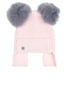 Розовая шапка с двумя серыми меховыми помпонами Joli Bebe детская
