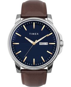 Мужские кварцевые аналоговые деловые кожаные коричневые часы премиум-класса 45 мм Timex
