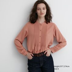 Блузка с длинными рукавами и пуловером из искусственного шелка с защипами Uniqlo, розовый