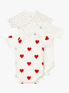 Комбинезон Petit Bateau Baby с принтом в виде сердечек, 3 шт., кремовый/красный