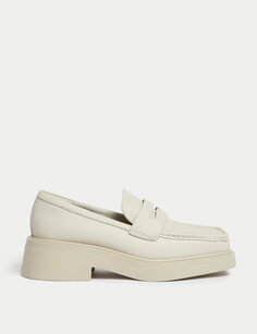 Кожаные лоферы с квадратным носком на блочном каблуке Marks &amp; Spencer, белый