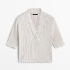 Кардиган Massimo Dutti Ribbed Cotton And Silk Blend, кремовый