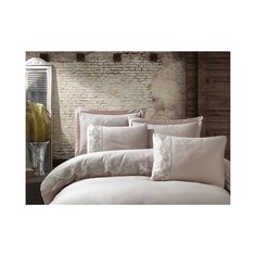 Комплект постельного белья из кружевного гипюра и хлопкового атласа - жемчужно-бежевый Dantela